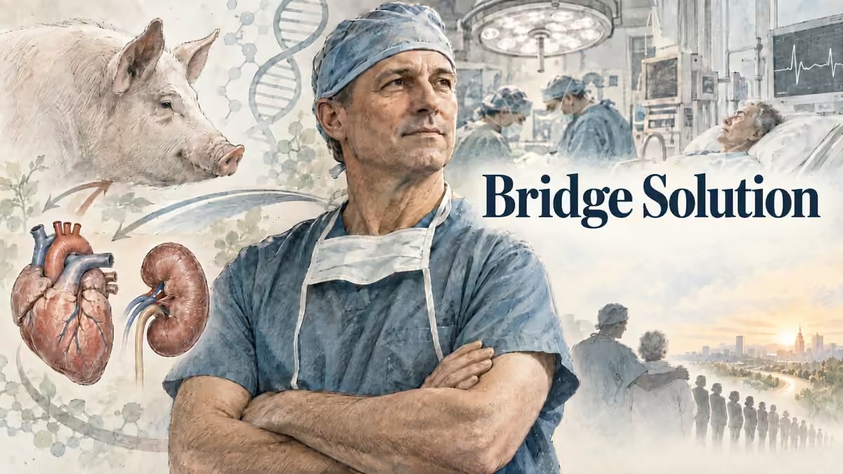 Bridge Solution: pencil-and-watercolor illustration of a surgeon, heart, kidney, pig and patients waiting for transplantation.