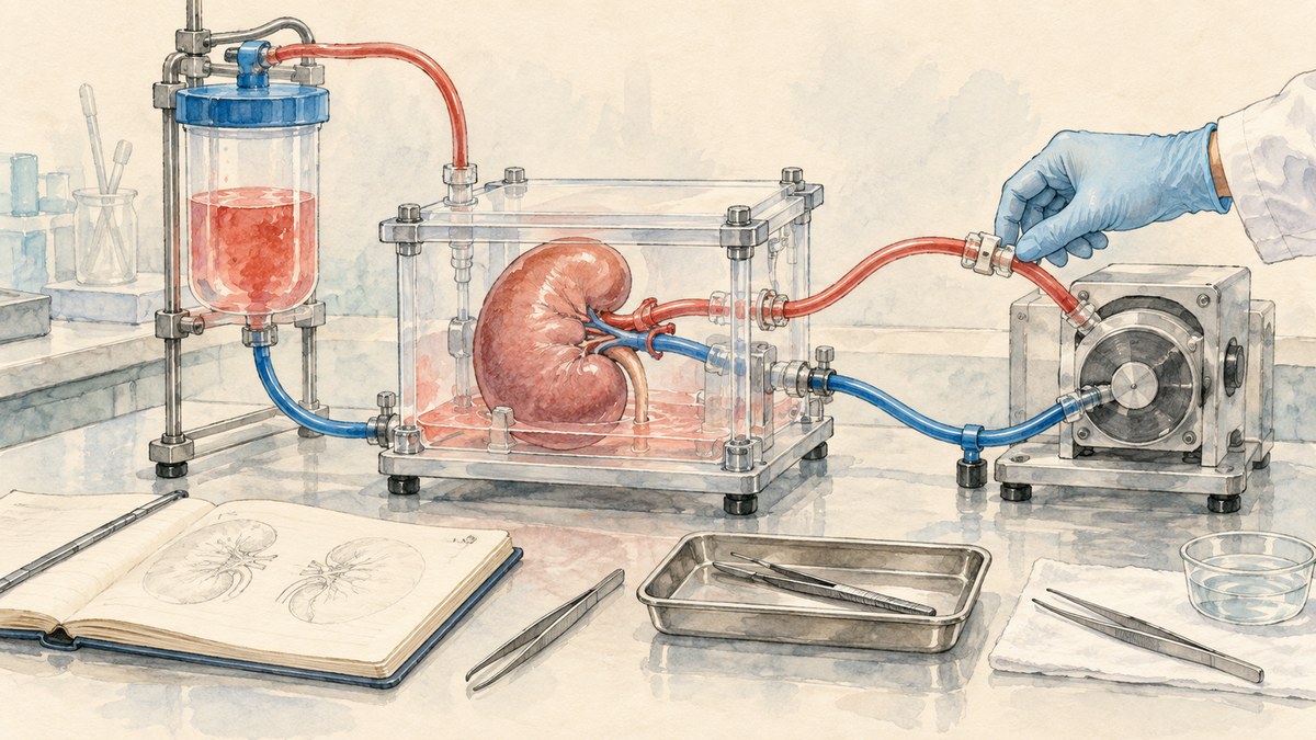 Pencil-and-watercolor illustration of a kidney in an ex vivo perfusion chamber with tubing, a pump and a researcher’s gloved hand.