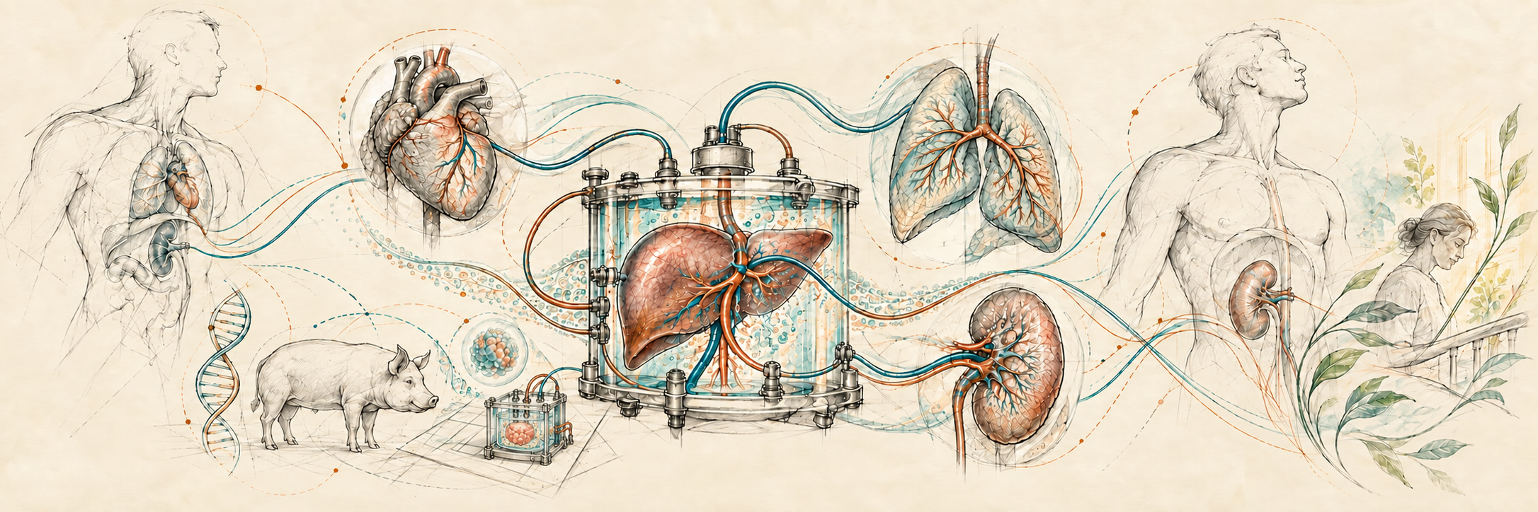 Pencil and watercolor study of donor and recipient, heart, lungs, liver and kidney around an organ preparation chamber; a pig and DNA illustrate the separate xenograft path, and a small cabinet bioreactor contains a growing tissue construct